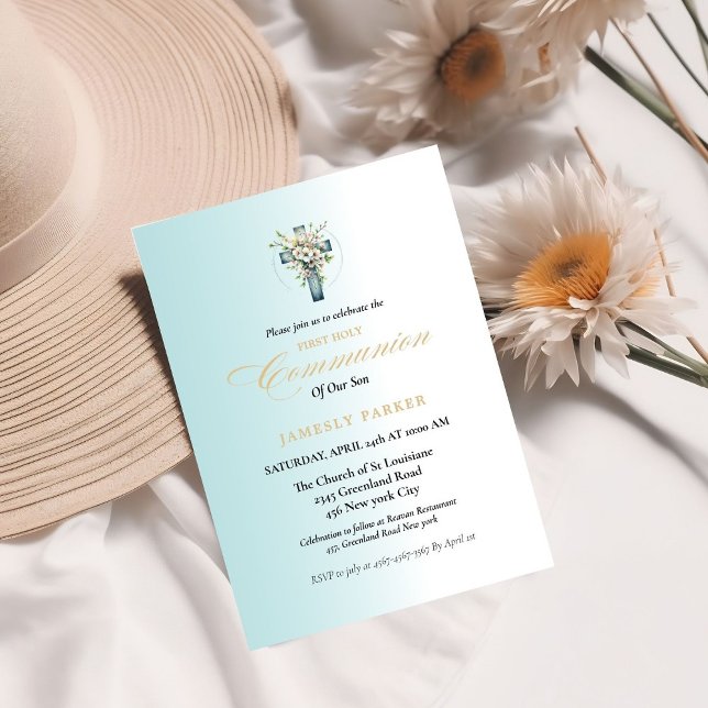 First holy communion watercolor blue splash invitation (Creator Uploaded)