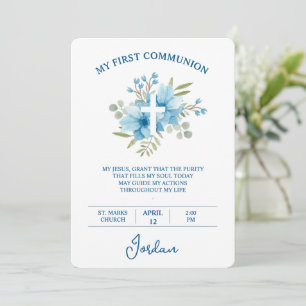 First Holy Communion Watercolor Floral And Cross Invitation