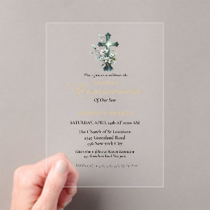 First holy communion watercolor Floral Cross Acrylic Invitations
