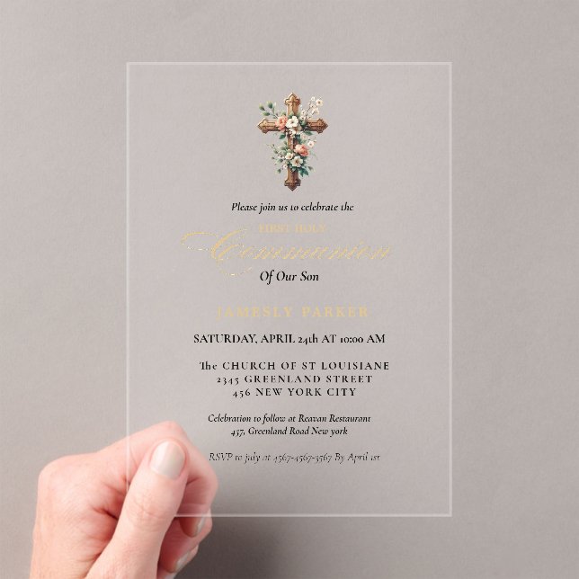 First holy communion watercolor Floral Cross Acrylic Invitations (Insitu (Handheld))