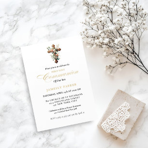 First holy communion watercolor Floral Cross Invitation