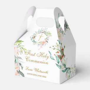 First Holy Communion Watercolor Floral Gold Script Favour Box
