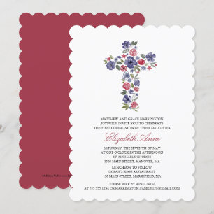 First Holy Communion Watercolor Flower Cross Invitation