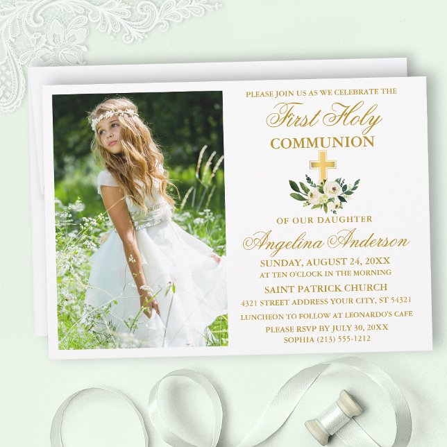 First Holy Communion Watercolor Green Floral  Invitation (Customize to change text size, style, color or to add more text or photos to back of card.)