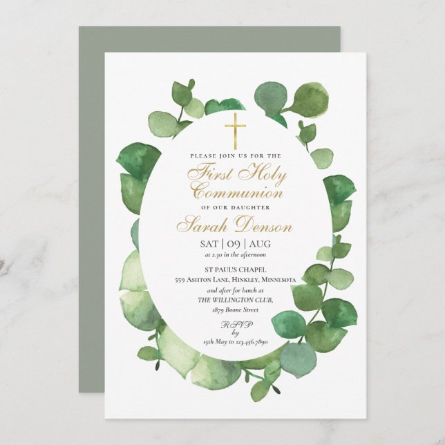First Holy Communion Watercolor Greenery Invitation (Front/Back)