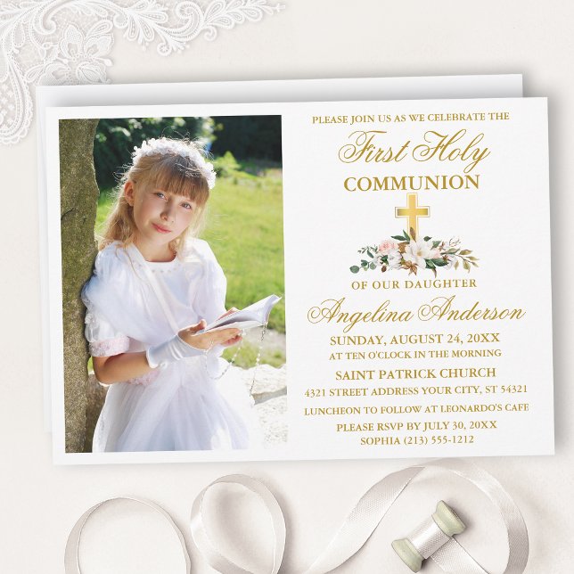 First Holy Communion Watercolor Magnolia Gold Invitation (Creator Uploaded)