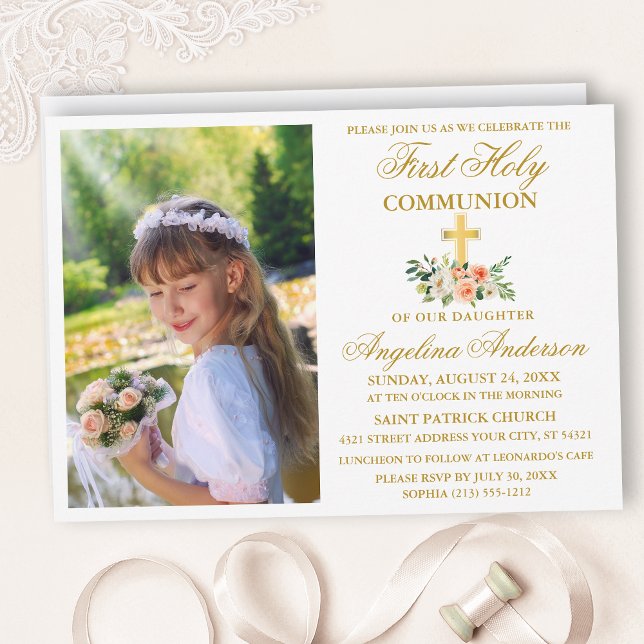 First Holy Communion Watercolor Peach Floral Gold Invitation (Creator Uploaded)