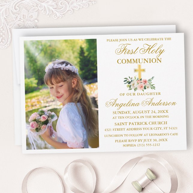 First Holy Communion Watercolor Pink Floral Gold Invitation (Creator Uploaded)