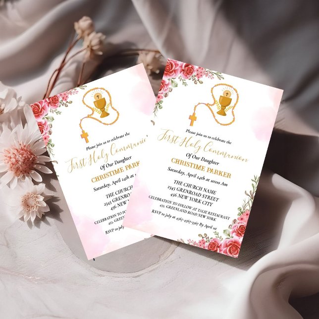 First holy communion  watercolor Pink floral Invitation (Creator Uploaded)