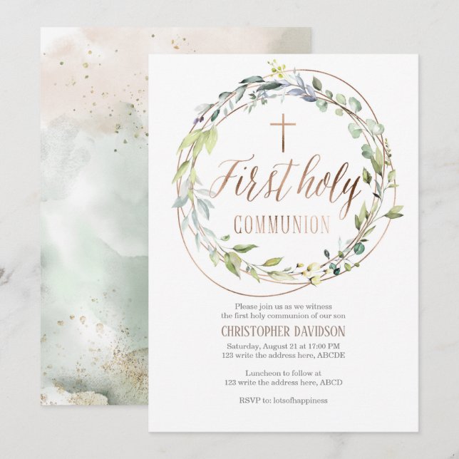 First holy communion, Watercolor, Religious Invitation (Front/Back)