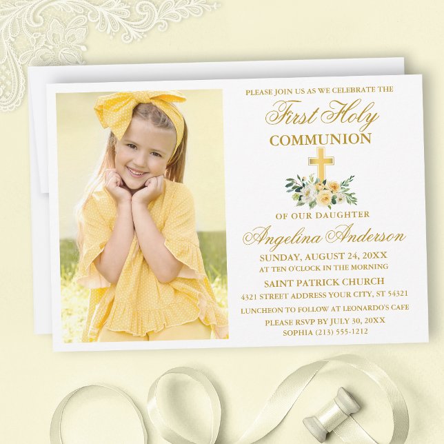 First Holy Communion Watercolor Yellow Floral Gold Invitation (Creator Uploaded)