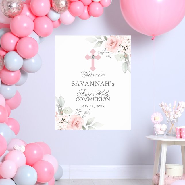 First Holy Communion Welcome Sign Pink Rose Girl (Creator Uploaded)
