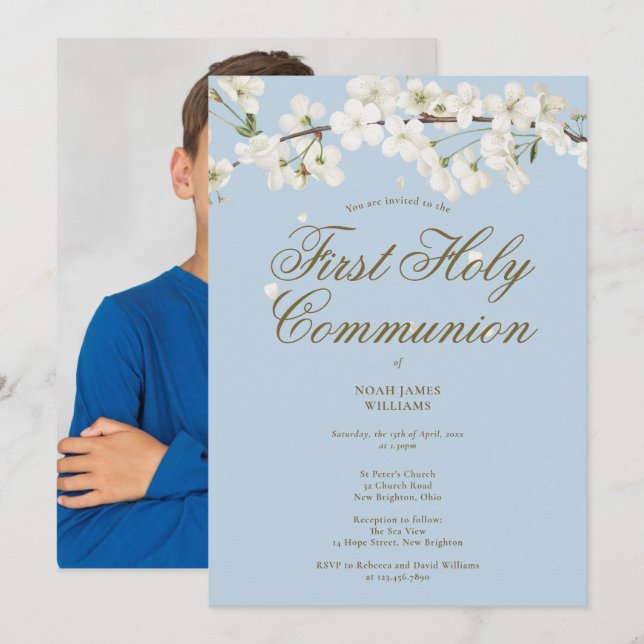 First Holy Communion White Blossom Blue Photo Invitation (Front/Back)