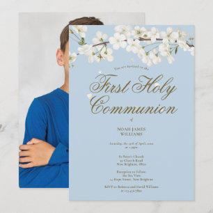 First Holy Communion White Blossom Blue Photo Invitation