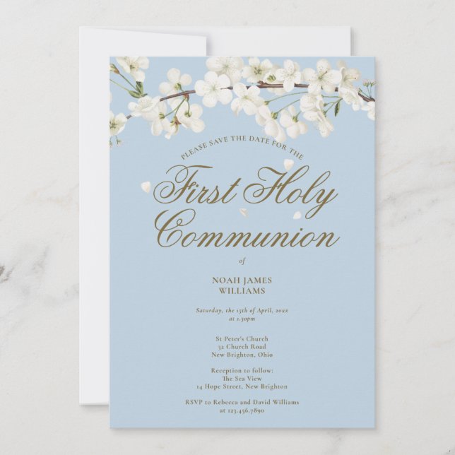 First Holy Communion White Blossom Floral Blue Save The Date (Front)