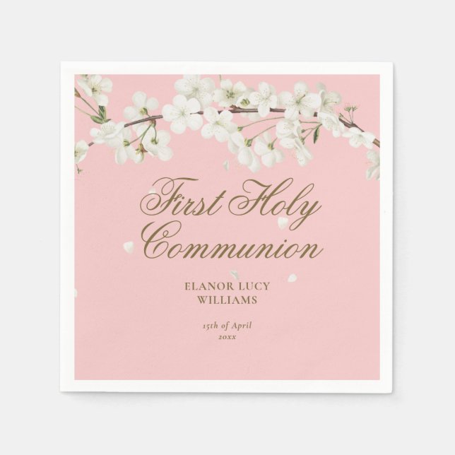 First Holy Communion White Blossom Floral Pink Napkin (Front)