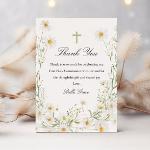 First Holy Communion White Daisy Floral Cross Thank You Card