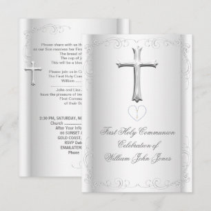 First Holy Communion White Silver Neutral girl/boy Invitation