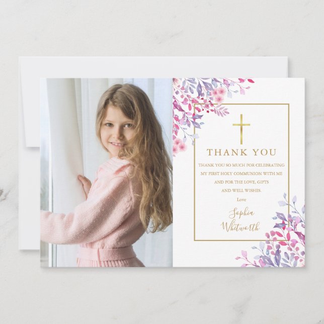 First Holy Communion Wildflowers Floral Photo Thank You Card (Front)