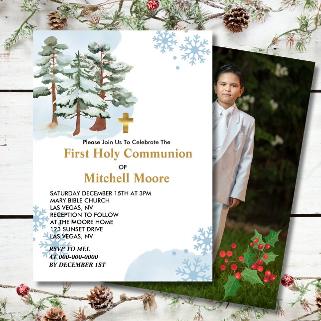First Holy Communion Winter Forest Snowflake Invitation (Creator Uploaded)