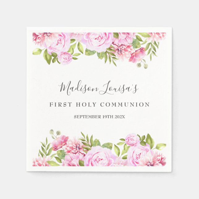 First Holy Communion Woodland Rose Floral  Napkin (Front)