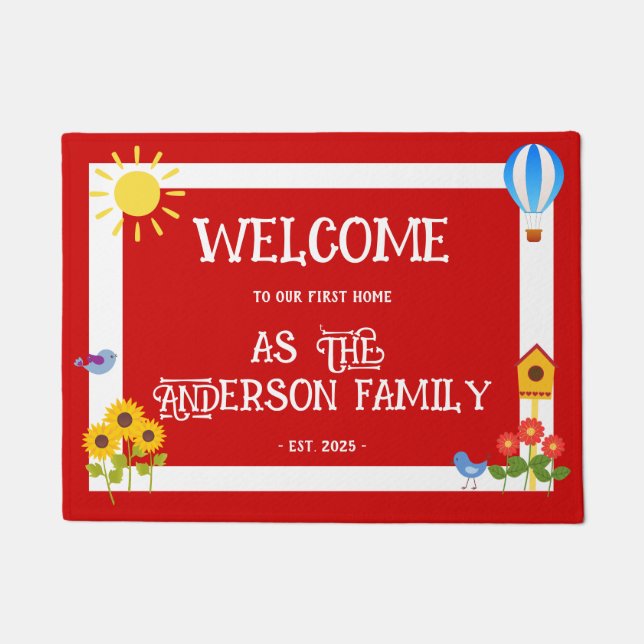 First Home Welcome Typography Sunflower Red White Doormat (Front)