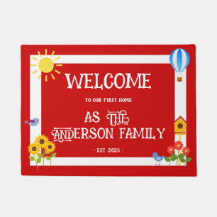 First Home Welcome Typography Sunflower Red White Doormat