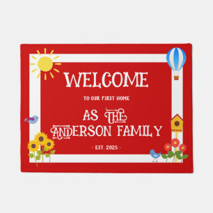 First Home Welcome Typography Sunflower Red White Doormat