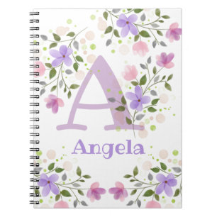 First Initial Plus Name Angela with Flowers Notebook