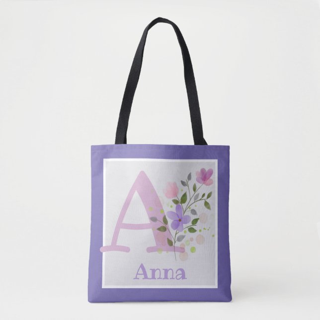 First Initial Plus Name Anna with Flowers Tote Bag (Front)