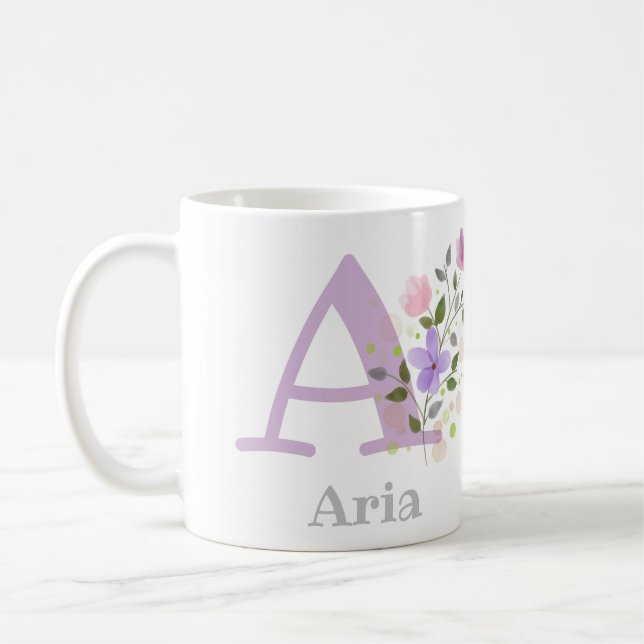 First Initial Plus Name Aria with Flowers Coffee Mug (Left)