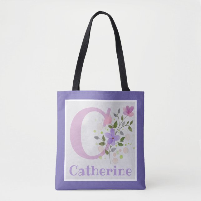 First Initial Plus Name Catherine with Flowers Tote Bag (Front)