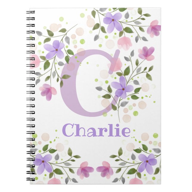First Initial Plus Name Charlie with Flowers Notebook (Front)
