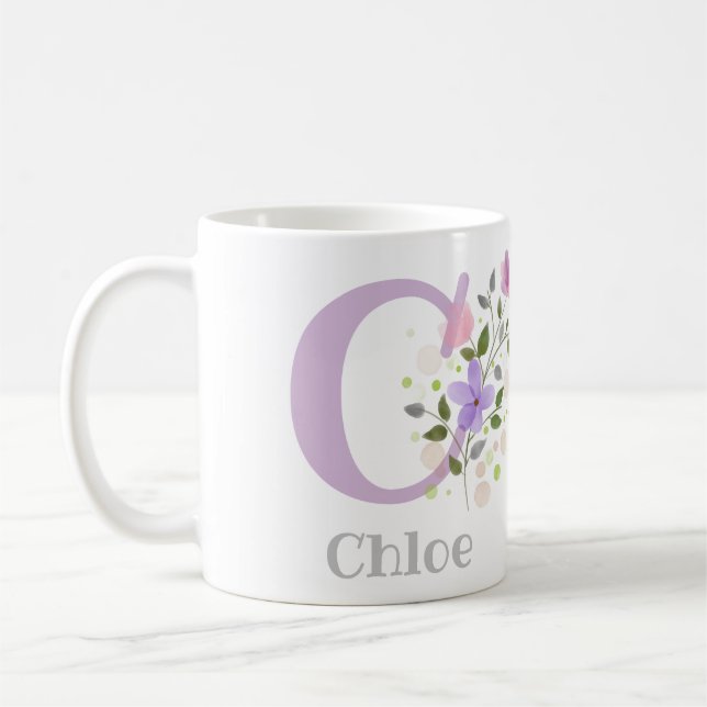First Initial Plus Name Chloe with Flowers Coffee Mug (Left)