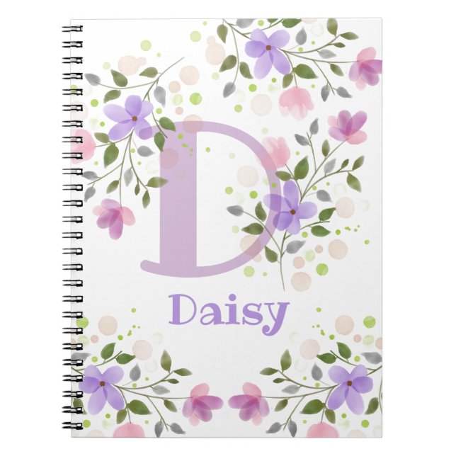 First Initial Plus Name Daisy with Flowers Notebook (Front)
