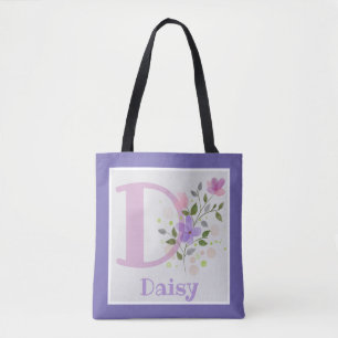 First Initial Plus Name Daisy with Flowers Tote Bag