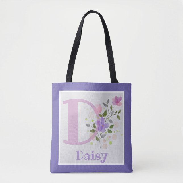First Initial Plus Name Daisy with Flowers Tote Bag (Front)