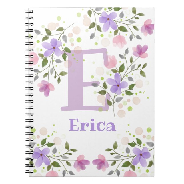 First Initial Plus Name Erica with Flowers Notebook (Front)