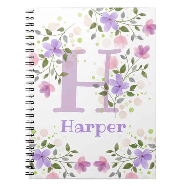 First Initial Plus Name Harper with Flowers Notebook (Front)