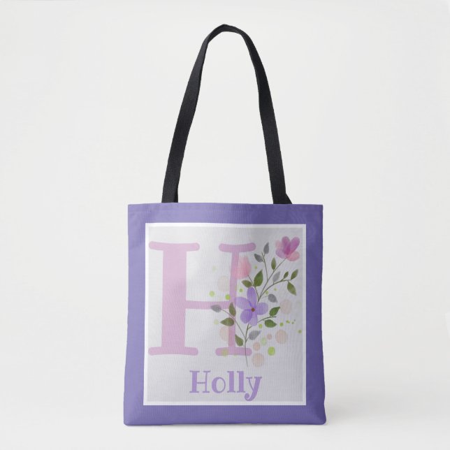 First Initial Plus Name Holly with Flowers Tote Bag (Front)