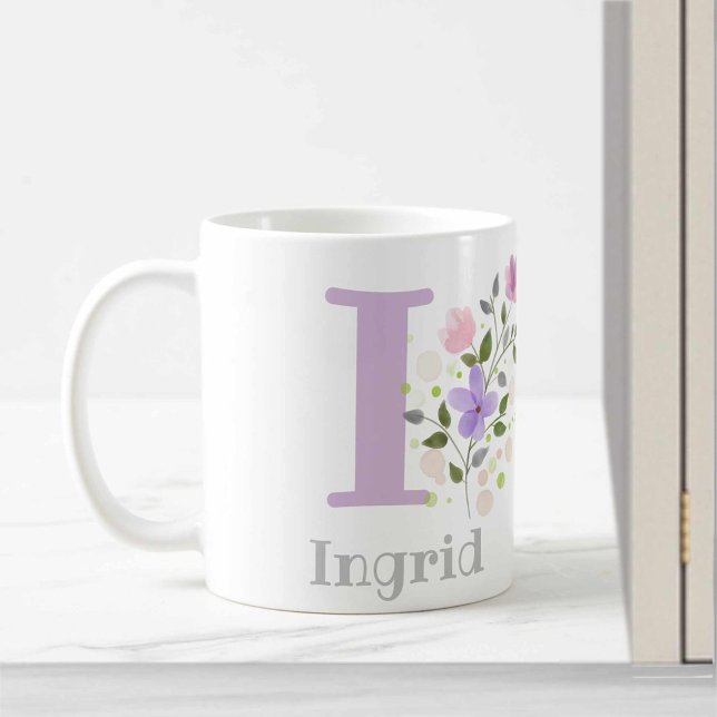 First Initial Plus Name Ingrid with Flowers Coffee Mug (Creator Uploaded)