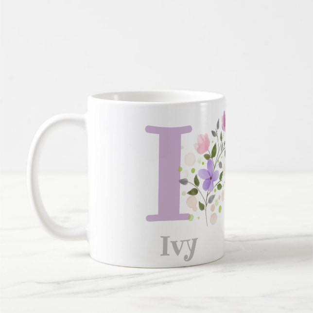 First Initial Plus Name Ivy with Flowers Coffee Mug (Left)
