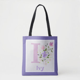 First Initial Plus Name Ivy with Flowers Tote Bag