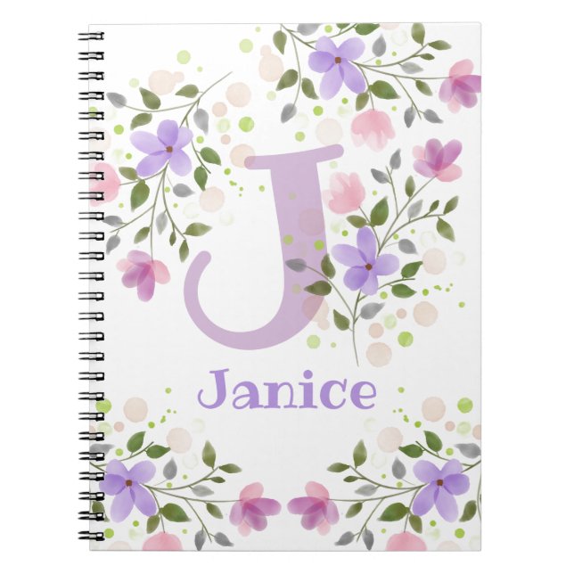 First Initial Plus Name Janice with Flowers Notebook (Front)