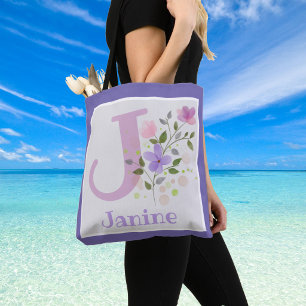 First Initial Plus Name Janine with Flowers Tote Bag