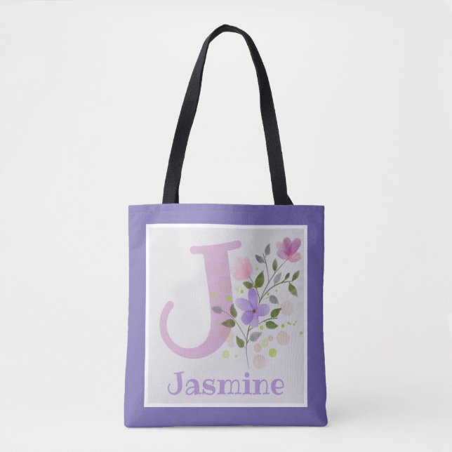 First Initial Plus Name Jasmine with Flowers Tote Bag (Front)