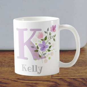 First Initial Plus Name Kelly with Flowers Coffee Mug