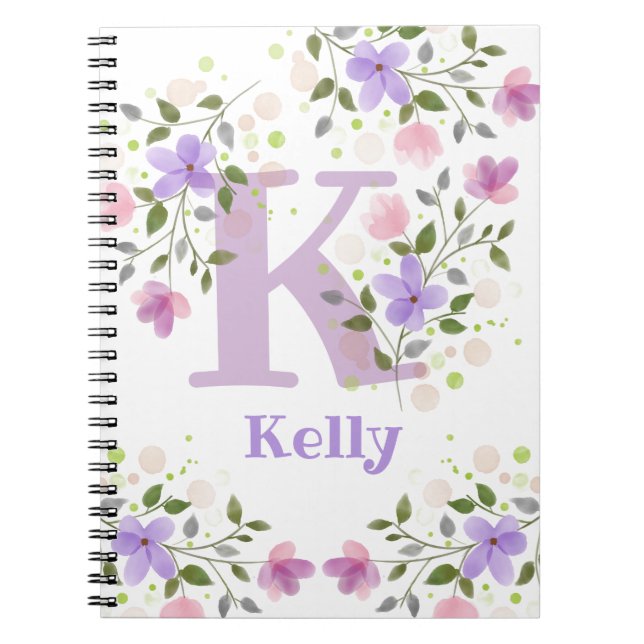 First Initial Plus Name Kelly with Flowers Notebook (Front)