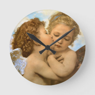 First Kiss (angel detail) by Bouguereau Round Clock