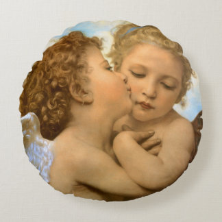 First Kiss (angel detail) by Bouguereau Round Cushion